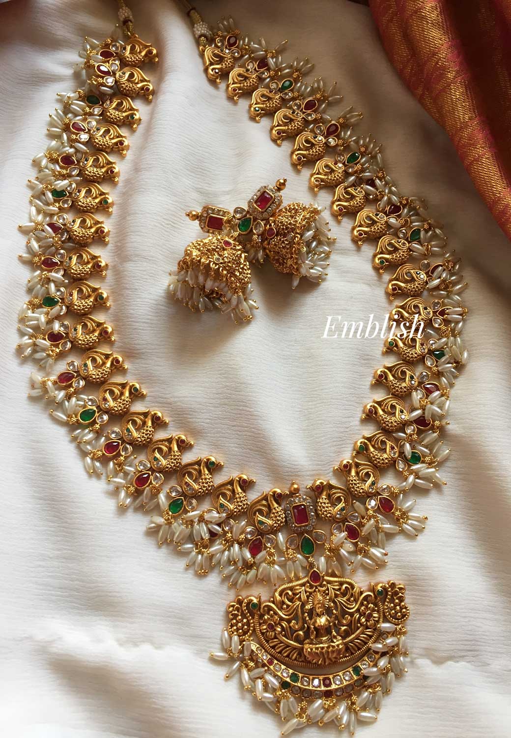 Lakshmi with Double Peacock Rice Pearl Long Neckpiece